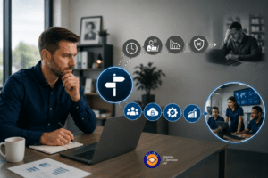 Business owner choosing managed IT support: cloud security, teamwork, and growth with Elmdale IT Services.