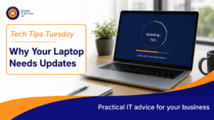 Tech Tips Tuesday: why your laptop needs updates—notebook updating 72% on desk; business IT advice for security.