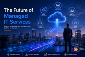Future of managed IT services: cloud computing with AI, cybersecurity, proactive monitoring and expert support.