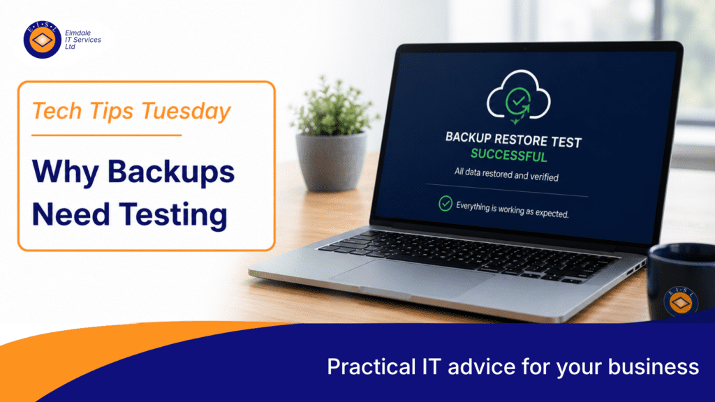 Tech Tips Tuesday: laptop shows “Backup restore test successful”—why testing data backups matters for business.