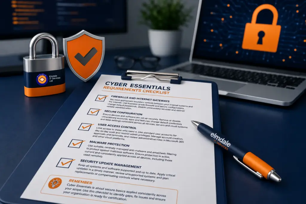 Cyber Essentials checklist on clipboard with padlock, shield and laptop lock icon, cybersecurity compliance concept.