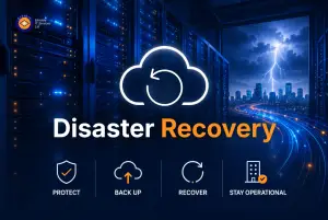 Disaster recovery cloud backup for data center servers; protect, recover, maintain business continuity in storms.