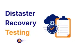 IT disaster recovery testing checklist with stopwatch and cloud icon for business continuity.