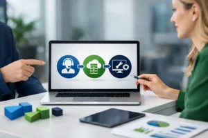 Team reviews managed IT services workflow on laptop: help desk to cloud server to system maintenance icons.