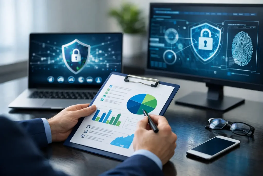 Analyst reviewing charts with cybersecurity dashboards on monitors, business data analytics and risk assessment at desk.