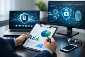 Analyst reviewing charts with cybersecurity dashboards on monitors, business data analytics and risk assessment at desk.