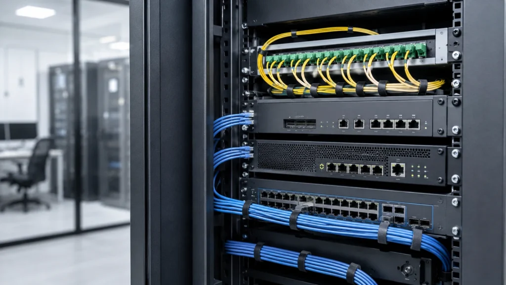 Business Connectivity Solutions | Elmdale IT Services Ltd Server rack with network switches, patch panel, and organized blue and yellow Ethernet cables in data center