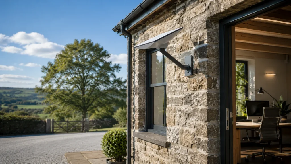 Business Connectivity Solutions | Elmdale IT Services Ltd Wall-mounted Starlink satellite dish on stone cottage, rural home office with countryside view under blue sky