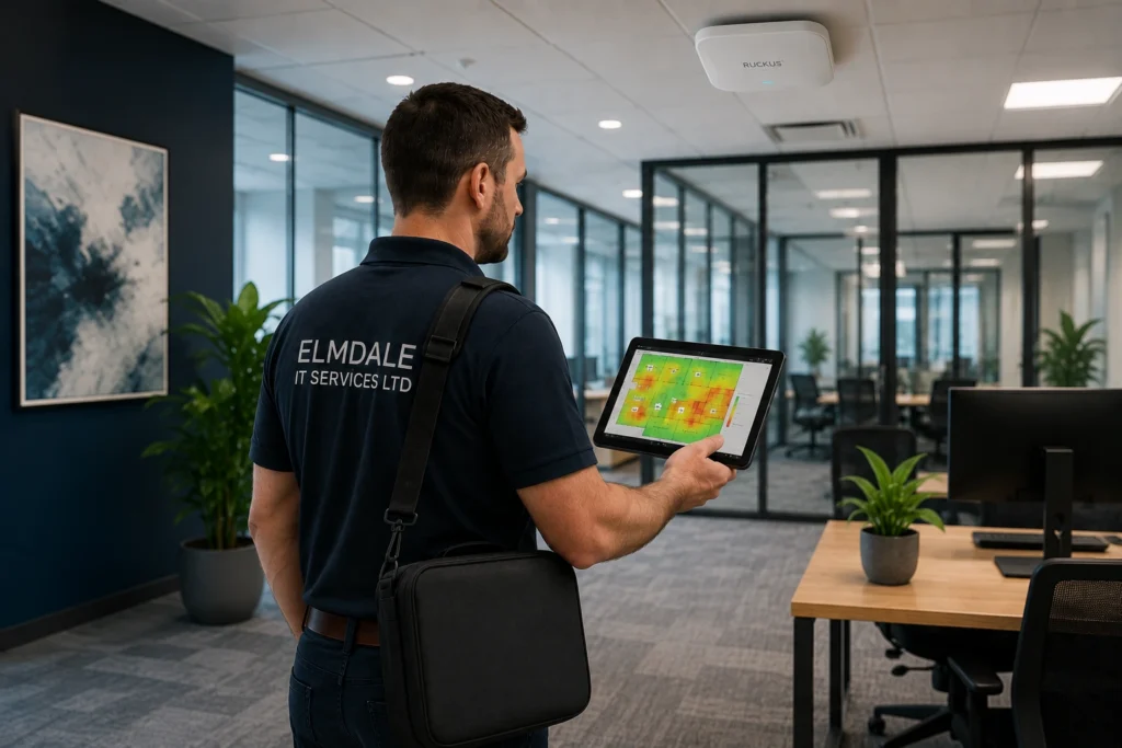 Wireless Surveys & WiFi Heatmaps | Ekahau WiFi Survey Services | Elmdale IT | Elmdale IT Services Ltd IT professional analyzing data on laptop beside 5G router and switch in office, 5G cell tower visible outside window.