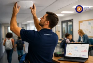 Elmdale IT technician installs ceiling Wi-Fi access point in school; laptop shows network dashboard, students in background.