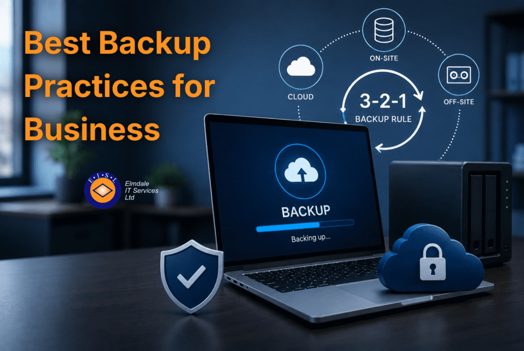 Business data backup best practices: laptop backing up to cloud and NAS, 3-2-1 backup rule, on-site and off-site storage