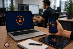 Office IT support securing laptop, phone and tablet with lock shield icon, Elmdale IT Services cybersecurity, data protection