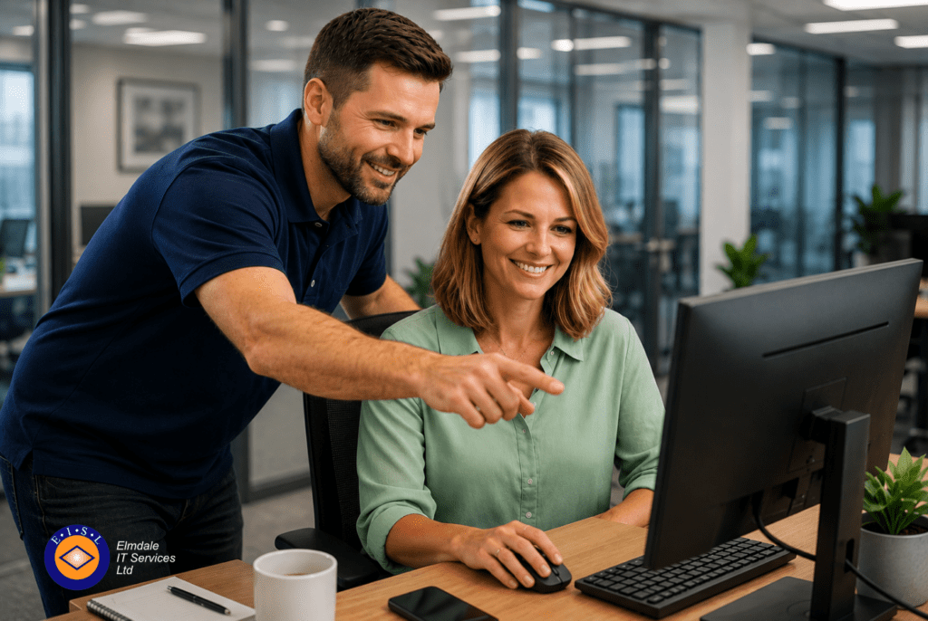 IT support coworkers collaborating at desktop computer in modern office, Elmdale IT Services team providing help.