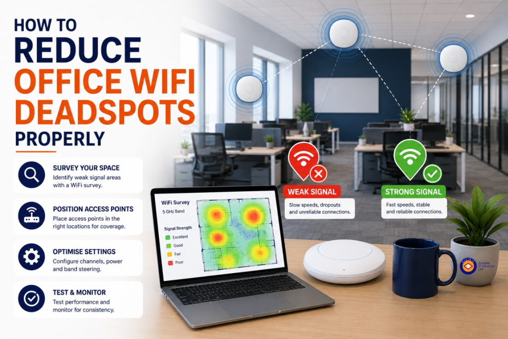 Modern office illustration showing how to reduce WiFi deadspots using strategically placed Cambium Networks wireless access points. A laptop displays a WiFi heatmap survey, while clear red and green markers compare weak and strong signal areas, demonstrating the impact of correct access point placement in a professional office environment.