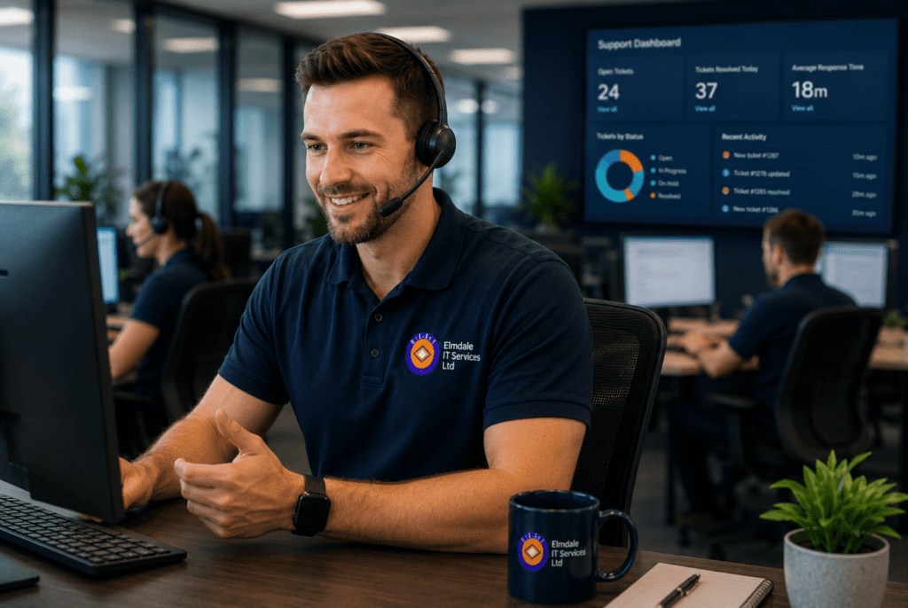 Help desk IT support agent with headset at Elmdale IT Services, assisting clients; support dashboard in office