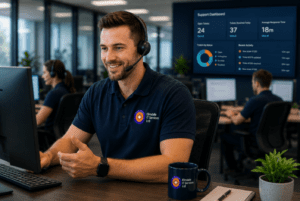 Help desk IT support agent with headset at Elmdale IT Services, assisting clients; support dashboard in office