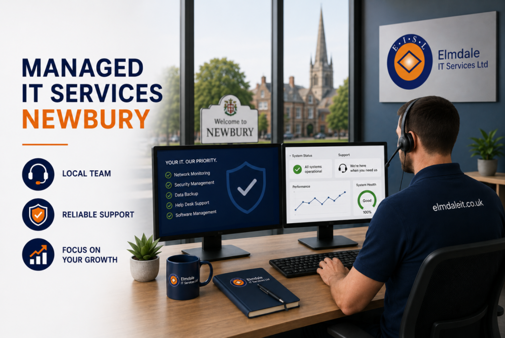 IT support engineer wearing a navy Elmdale IT Services polo works at a dual-monitor workstation in a modern office overlooking Newbury. The graphic highlights managed IT services with simple icons for local support, reliable service and business growth, using Elmdale's navy and orange branding.