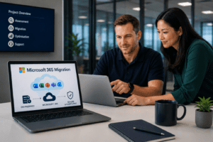 IT team planning Microsoft 365 migration on laptops in modern office, discussing cloud migration strategy and compliance.