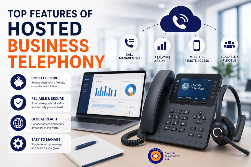 A modern office workspace featuring a hosted business telephony setup with a VoIP desk phone, wireless headset and laptop displaying a call analytics dashboard. Cloud communication icons represent call management, real-time analytics, mobile access and scalability, while Elmdale branding uses navy and orange accents throughout the clean, professional design.