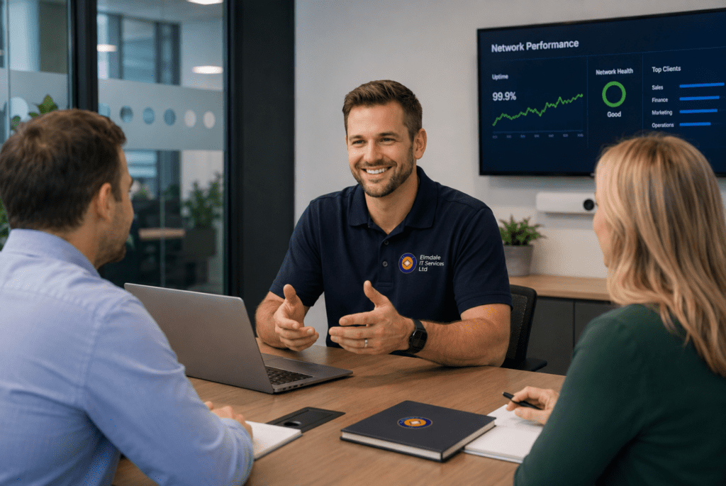 Elmdale IT Services consultant meets clients, reviewing network performance dashboard with 99.9% uptime in office.