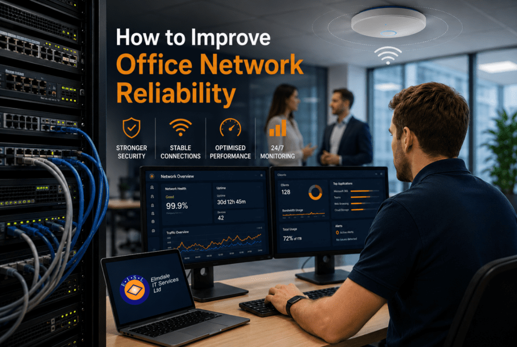 IT technician monitoring office network reliability on dashboards; server racks and Wi‑Fi access point; managed IT services.