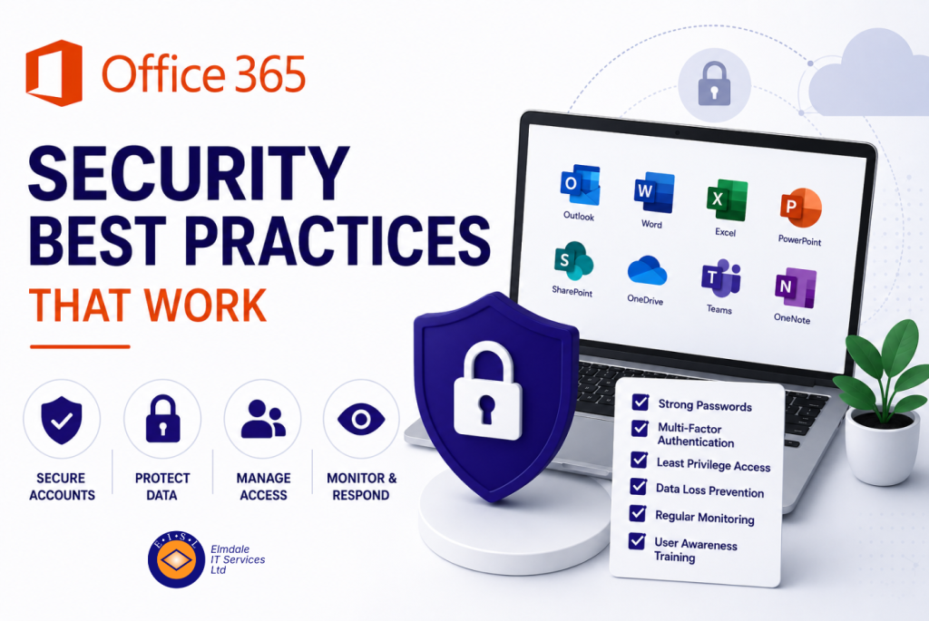 A modern laptop displaying Microsoft 365 applications sits beside a large security shield and checklist illustrating Office 365 security best practices. The graphic highlights account protection, data security, access management and threat monitoring using Elmdale's navy (#10107c) and orange brand colours on a clean white background.