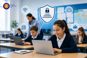Students using laptops in a modern classroom with digital network graphics, a central cybersecurity shield, and cloud, Wi-Fi, server and user icons in Elmdale's navy and orange colours, representing a secure, connected school network.