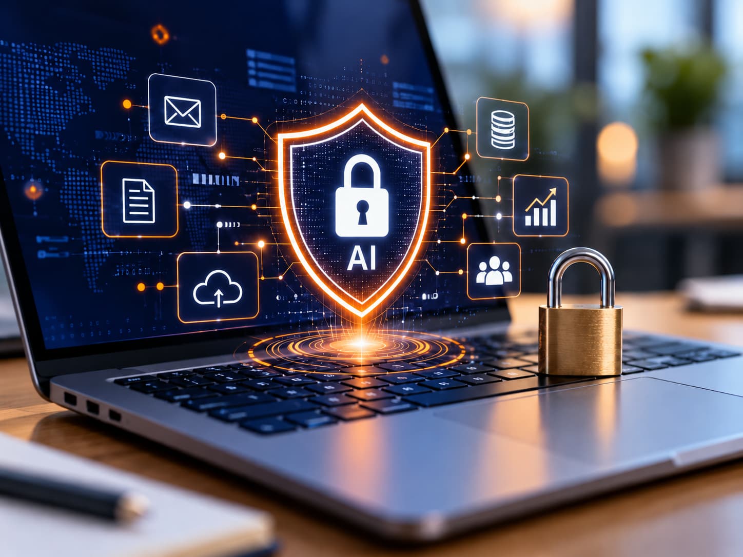 EU AI Act security concept showing a laptop with an AI shield, digital padlock and connected data protection icons representing AI security and compliance.