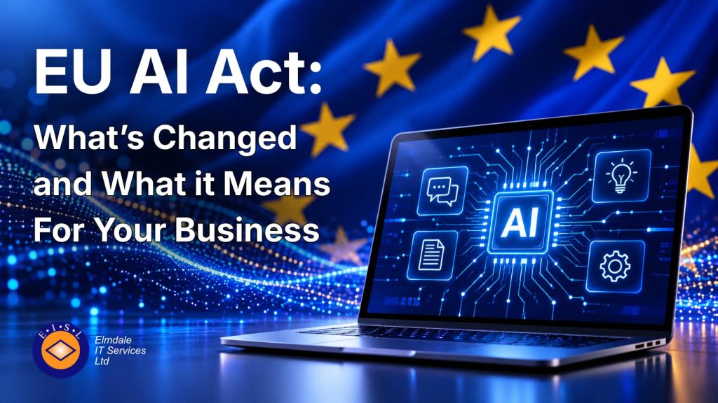 EU AI Act and artificial intelligence technology displayed on a laptop with the European Union flag in the background.