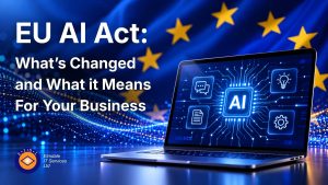 EU AI Act and artificial intelligence technology displayed on a laptop with the European Union flag in the background.