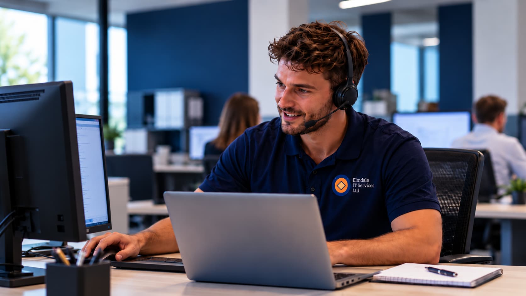 Elmdale IT support engineer wearing a branded polo shirt and headset, assisting customers remotely from a modern office using a laptop and desktop computer.