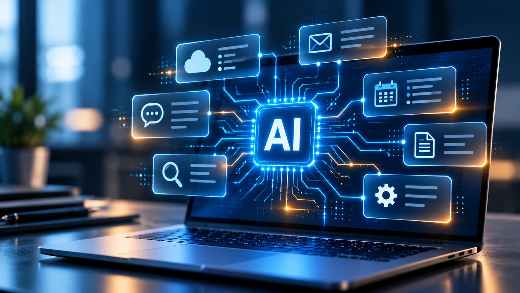 Laptop displaying AI technology integrated with everyday business applications, including email, cloud storage, calendars, documents and search tools.